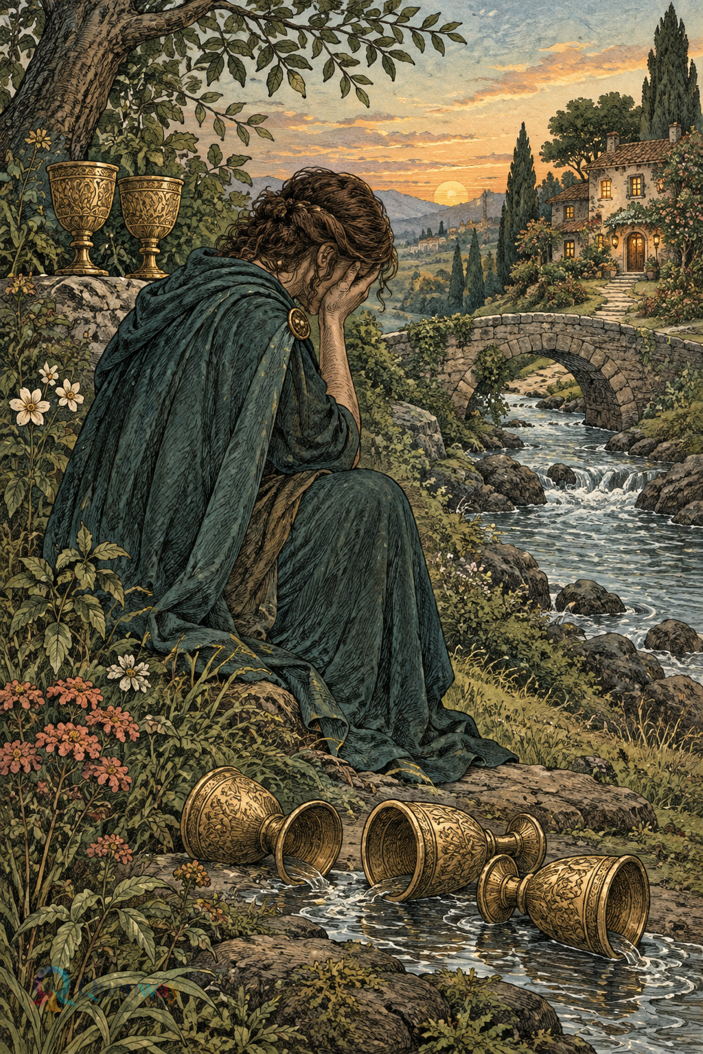 Quenway Five of Cups card illustration