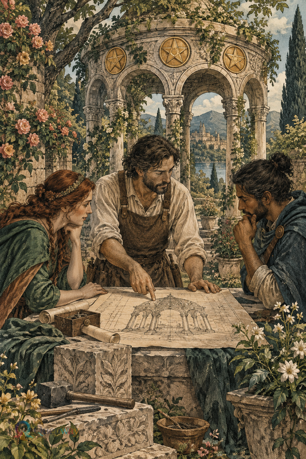Quenway Three of Pentacles card illustration