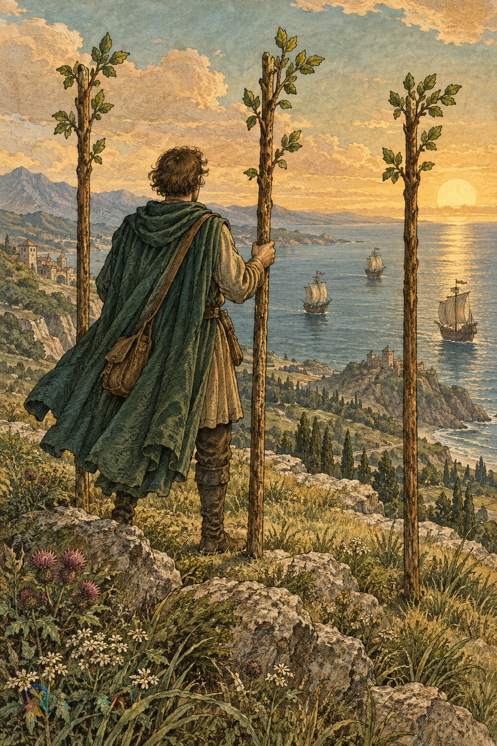 Quenway Three of Wands card illustration